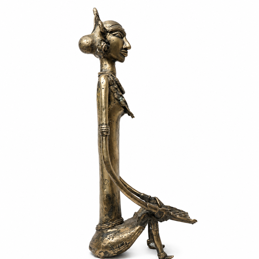 Tribal Woman Winnowing Grain (Long) – Dhokra Metal Art