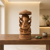 Lord Ganesha Beneath the Sacred Canopy – Wooden Carved Sculpture