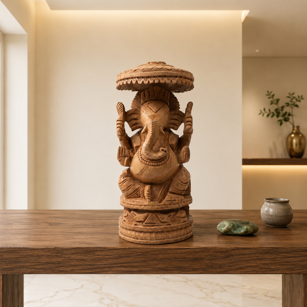 Lord Ganesha Beneath the Sacred Canopy – Wooden Carved Sculpture
