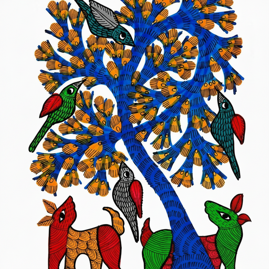 Animals, Birds and the Forest – Gond Paper Painting