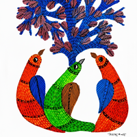 Tree and Central Bird – Gond Paper Painting