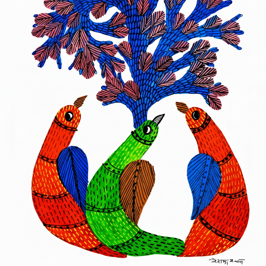 Tree and Central Bird – Gond Paper Painting