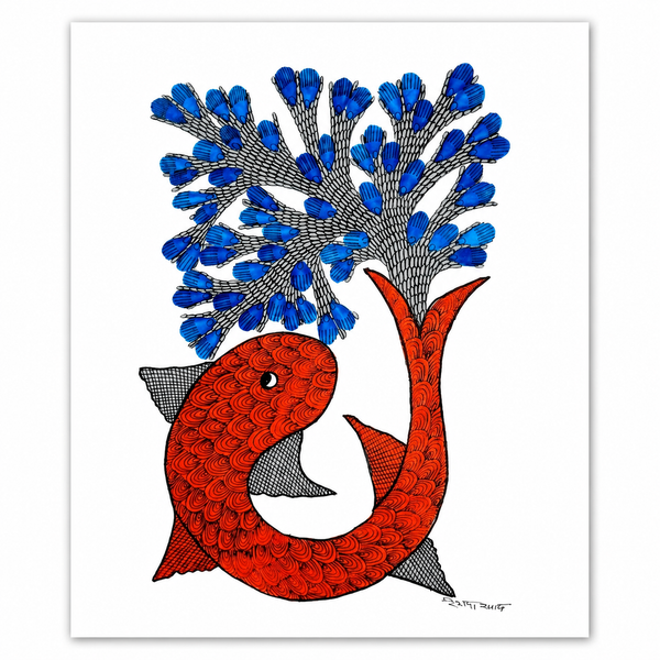 Fish and Tree – Gond Paper Painting