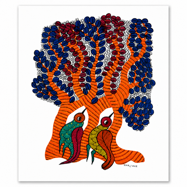 The Unity of Tree and Birds – Gond Paper Painting