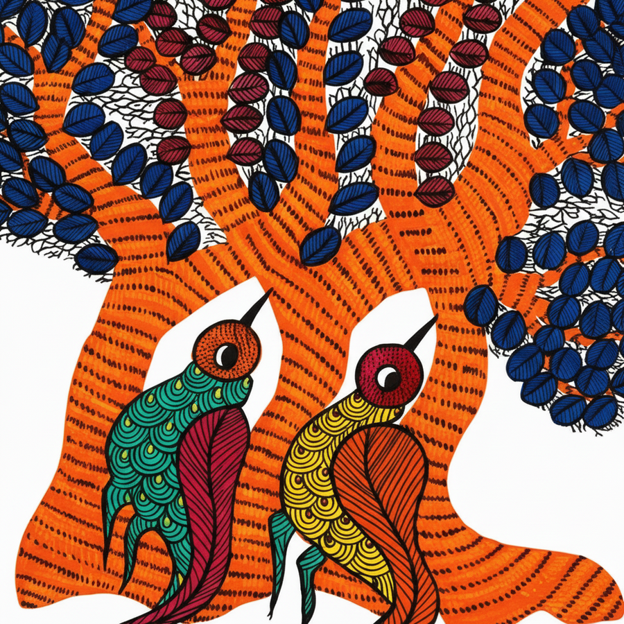 The Unity of Tree and Birds – Gond Paper Painting