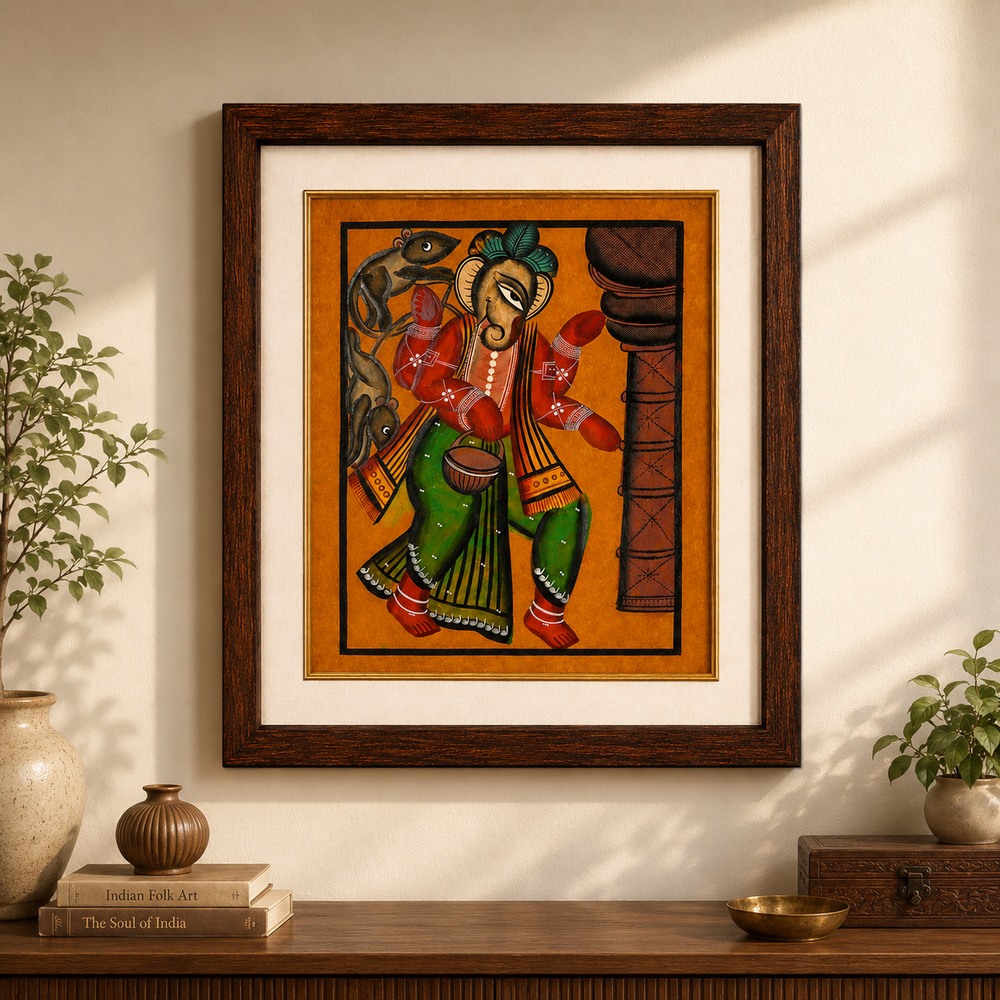 Lord Ganesha with His Divine Companions – Kalighat Painting