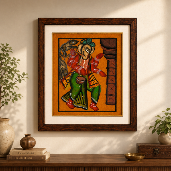 Lord Ganesha with His Divine Companions – Kalighat Painting