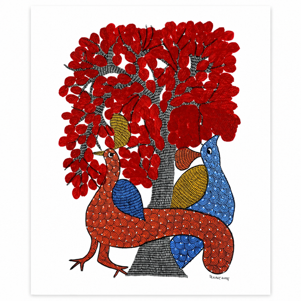 Peacocks and Tree – Gond Paper Painting