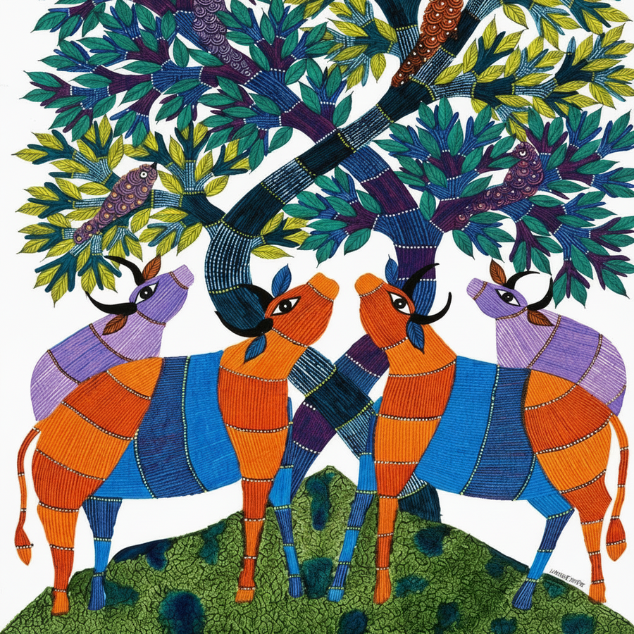 Animals, Trees, and Birds – Gond Paper Painting