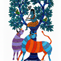 Krishna and Cows – Gond Paper Painting