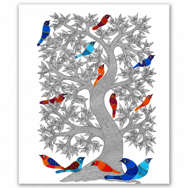 Birds Around the Tree – Gond Paper Painting