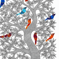 Birds Around the Tree – Gond Paper Painting