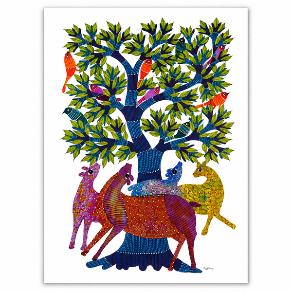 Deer, Tree and Birds – Gond Paper Painting