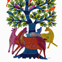 Deer, Tree and Birds – Gond Paper Painting