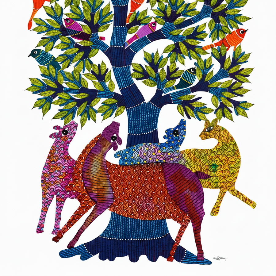 Deer, Tree and Birds – Gond Paper Painting