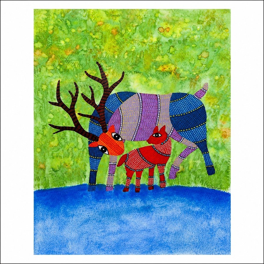 Deer and Fawn – Gond Paper Painting