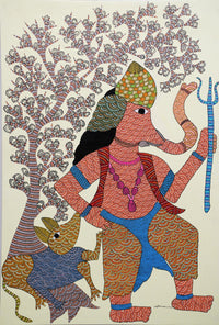 Lord Ganesha with Hare Companion – Gond Paper Painting