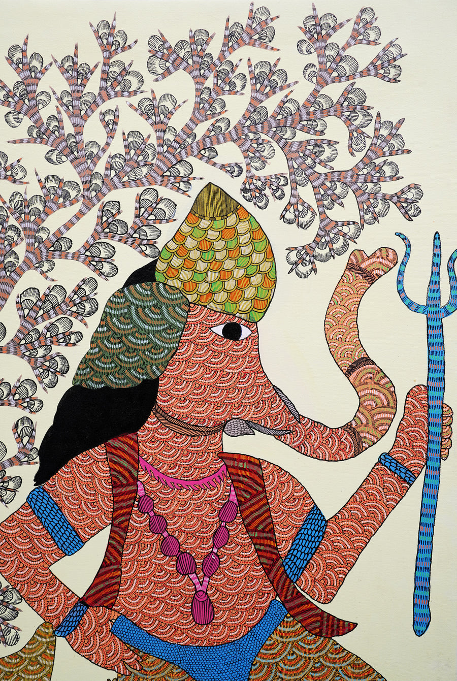 Lord Ganesha with Hare Companion – Gond Paper Painting