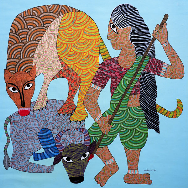 Herdswoman and Forest Companions – Gond Paper Painting