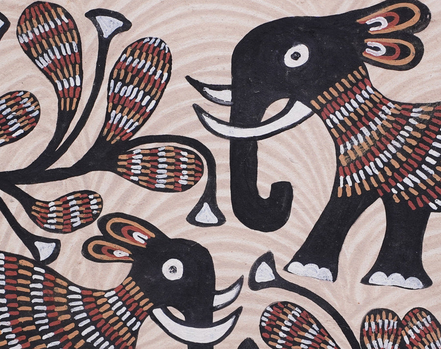 Elephants and Plants – Sohrai Painting with wooden frame
