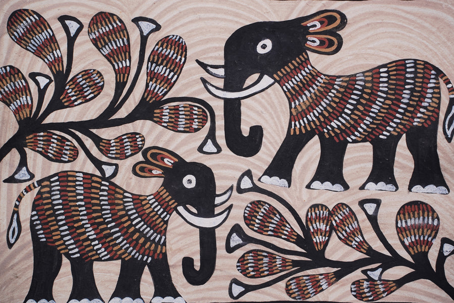 Elephants and Plants – Sohrai Painting with wooden frame