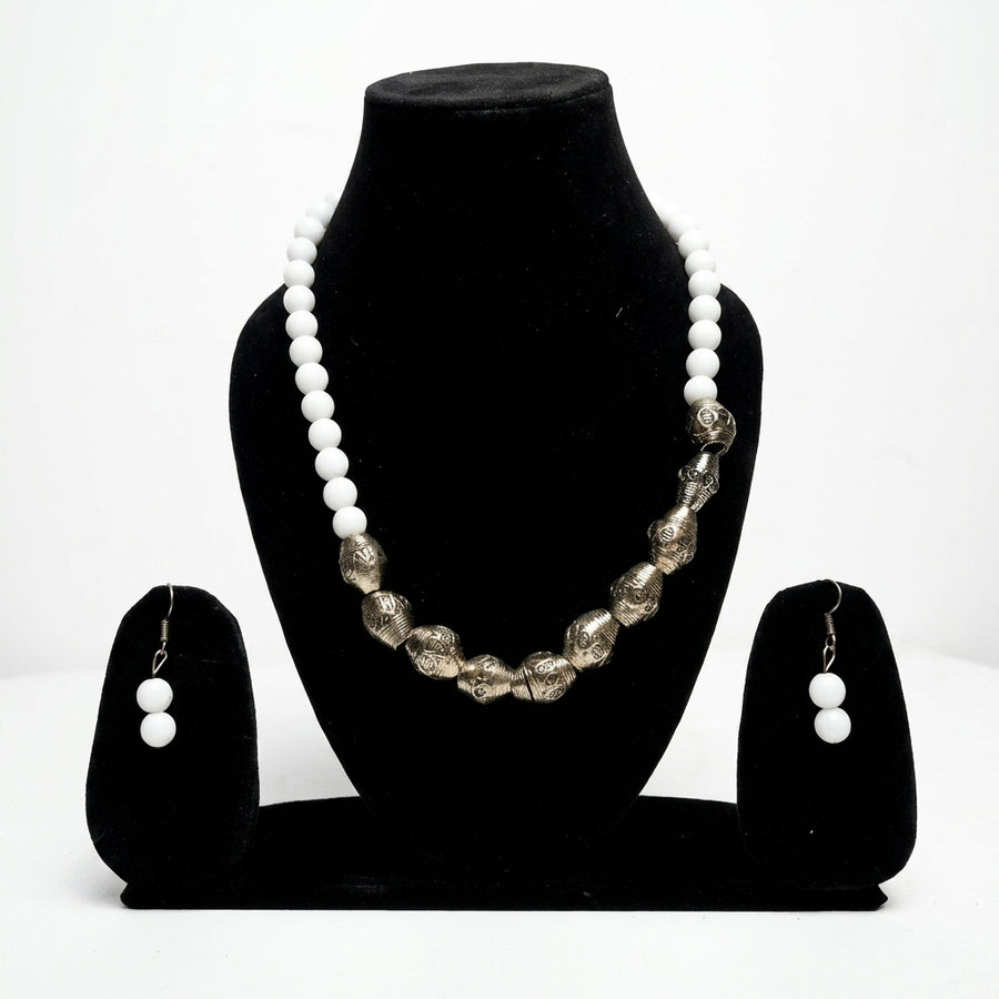 Handcrafted White Beaded Statement Necklace Set