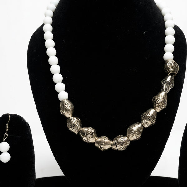 Handcrafted White Beaded Statement Necklace Set
