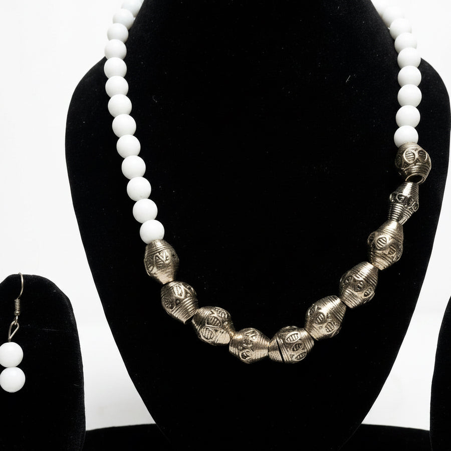 Handcrafted White Beaded Statement Necklace Set