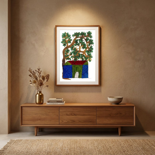 House and Tree – Gond Paper Painting