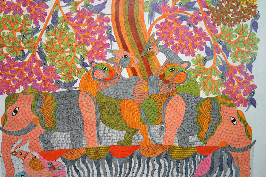 Tree and Animals – Gond Paper Painting