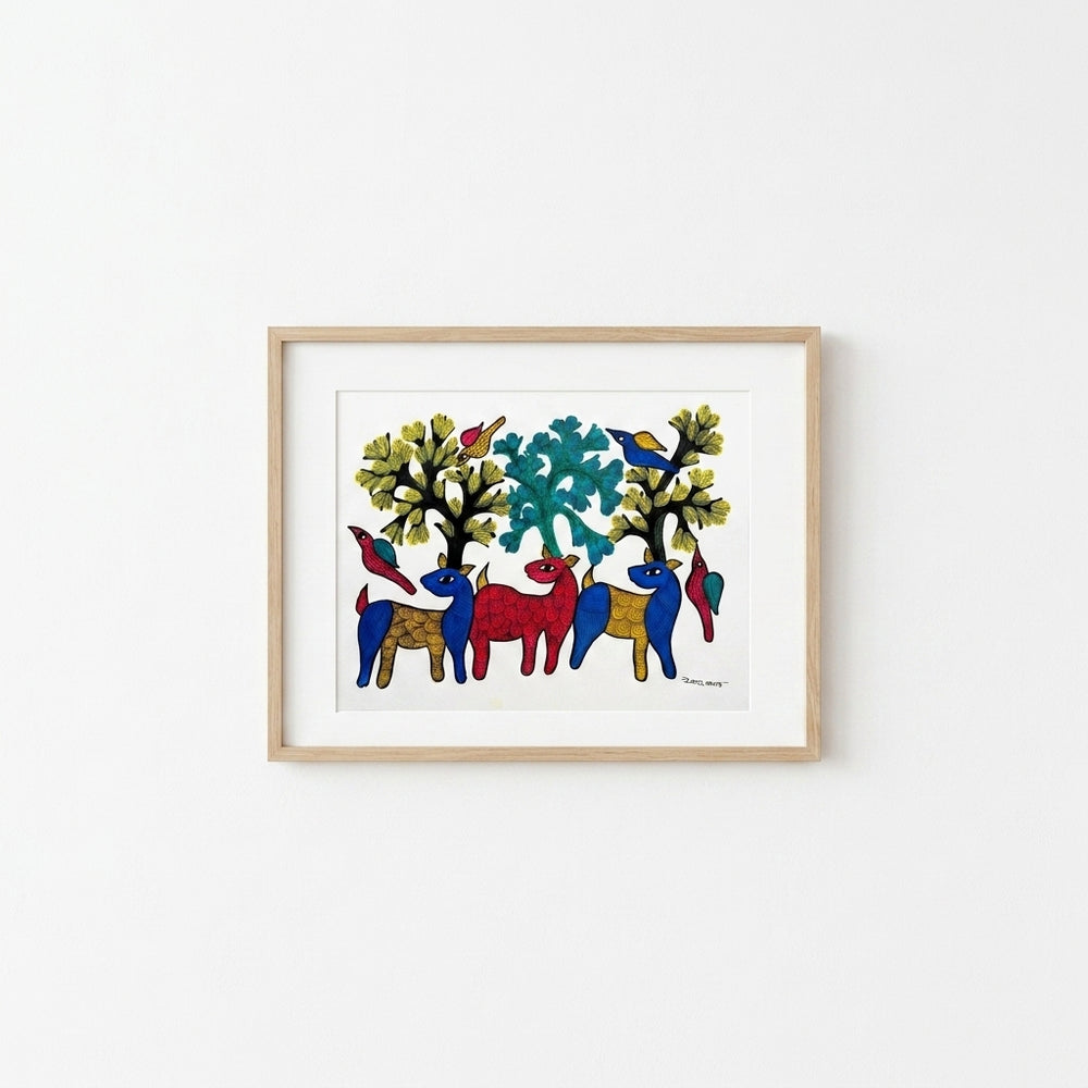 Deer and Woodland – Gond Paper Painting