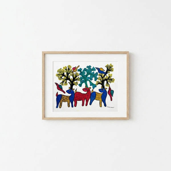 Deer and Woodland – Gond Paper Painting