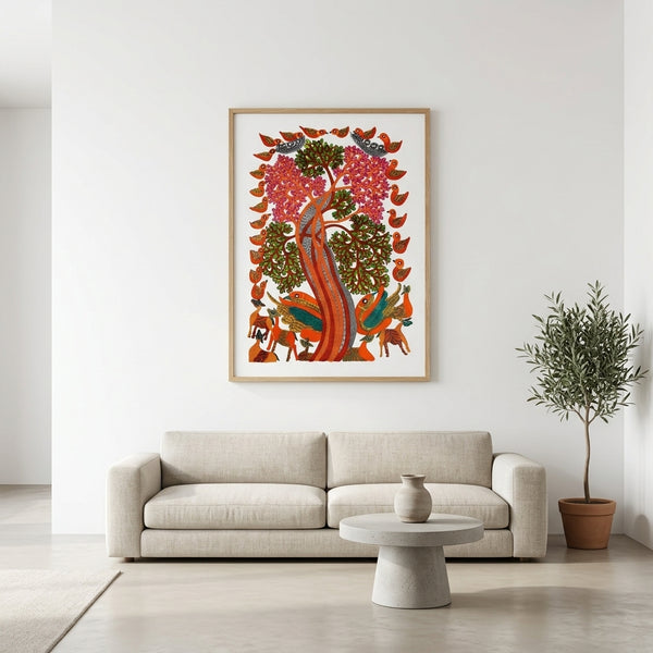 Birds and Tree of Life – Gond Paper Painting