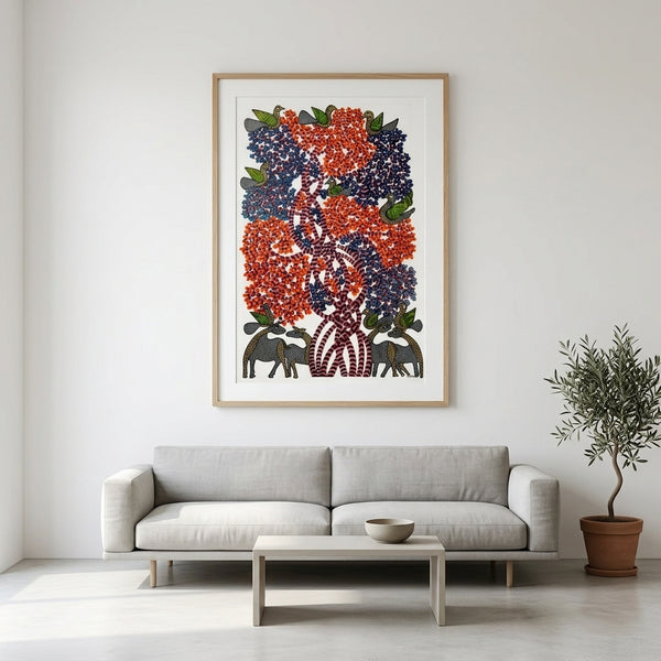 Deer, Birds and Flowering Tree – Gond Paper Painting