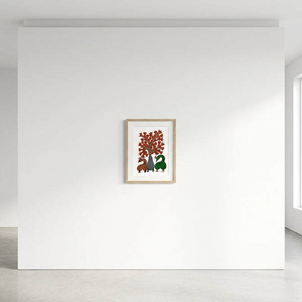 Tree, Bird and Peacocks – Gond Paper Painting