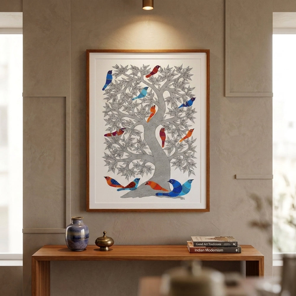 Birds Around the Tree – Gond Paper Painting