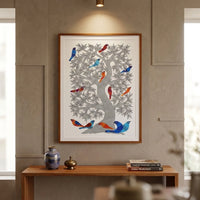 Birds Around the Tree – Gond Paper Painting