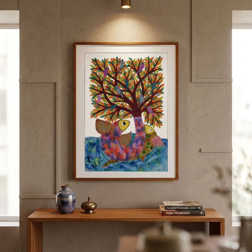 Growing Fish and River – Gond Paper Painting
