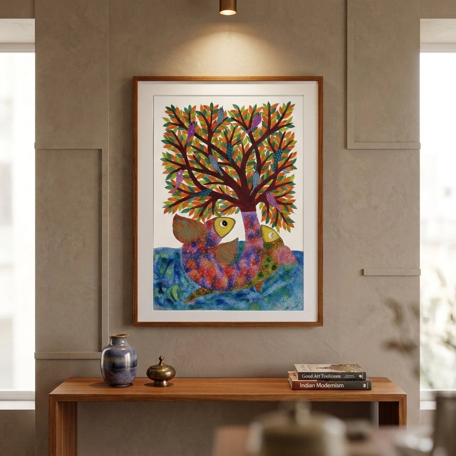 Growing Fish and River – Gond Paper Painting
