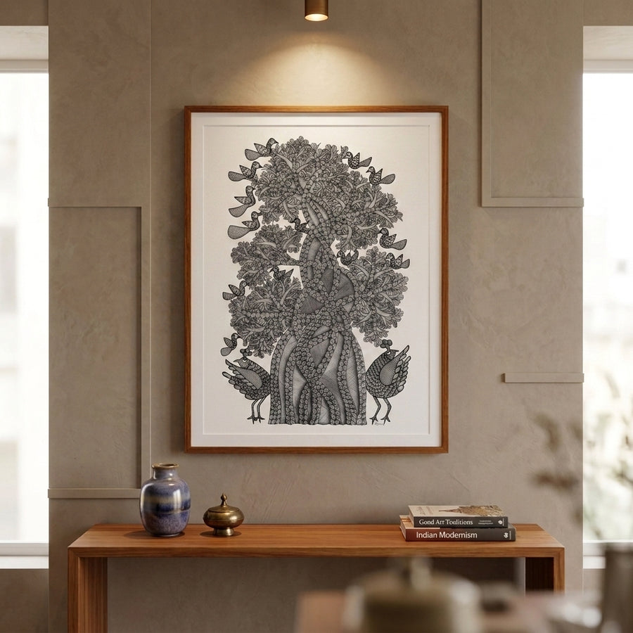 Birds Around the Forest Tree – Gond Paper Painting