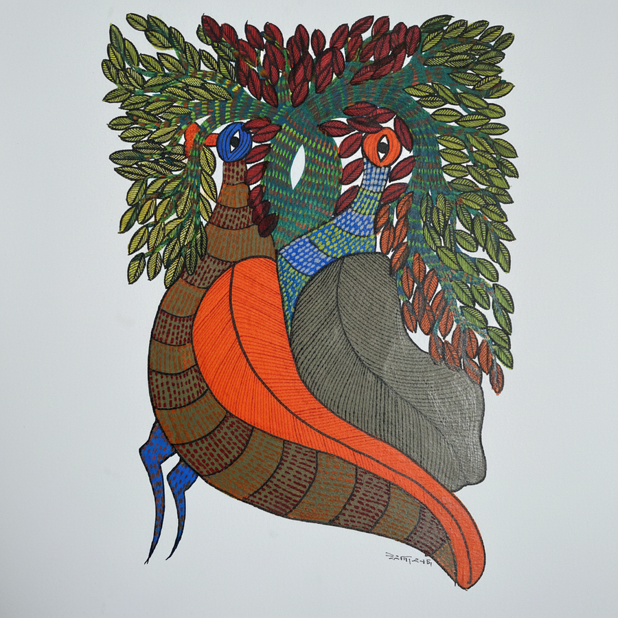 Tree Between Birds – Gond Paper Painting