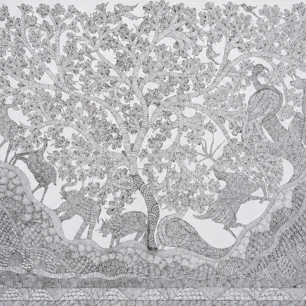 Gathering of Wings and Hooves – Gond Paper Painting
