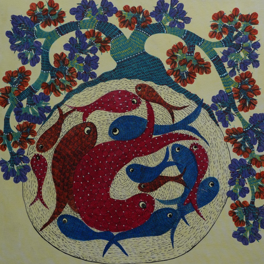 Fish and Tree Harmony – Gond Canvas Painting