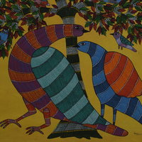 Bird Pair Under the Tree – Gond Canvas Painting