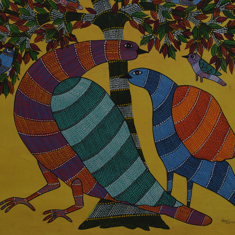 Bird Pair Under the Tree – Gond Canvas Painting