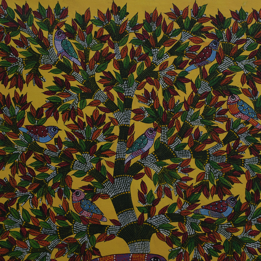 Bird Pair Under the Tree – Gond Canvas Painting