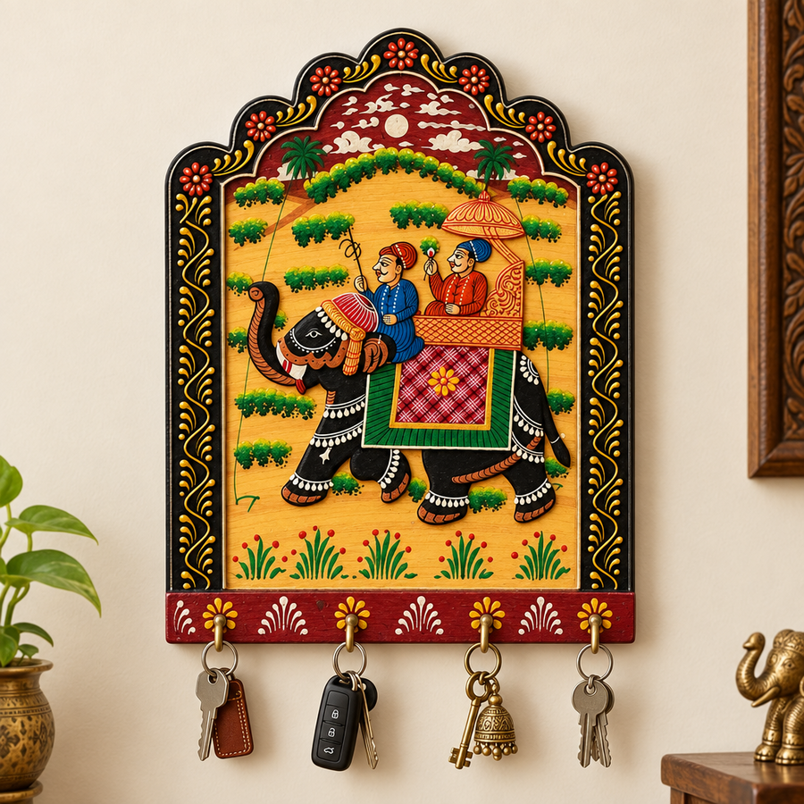 Majestic Elephant Key Hook – Rajasthani Miniature Painting