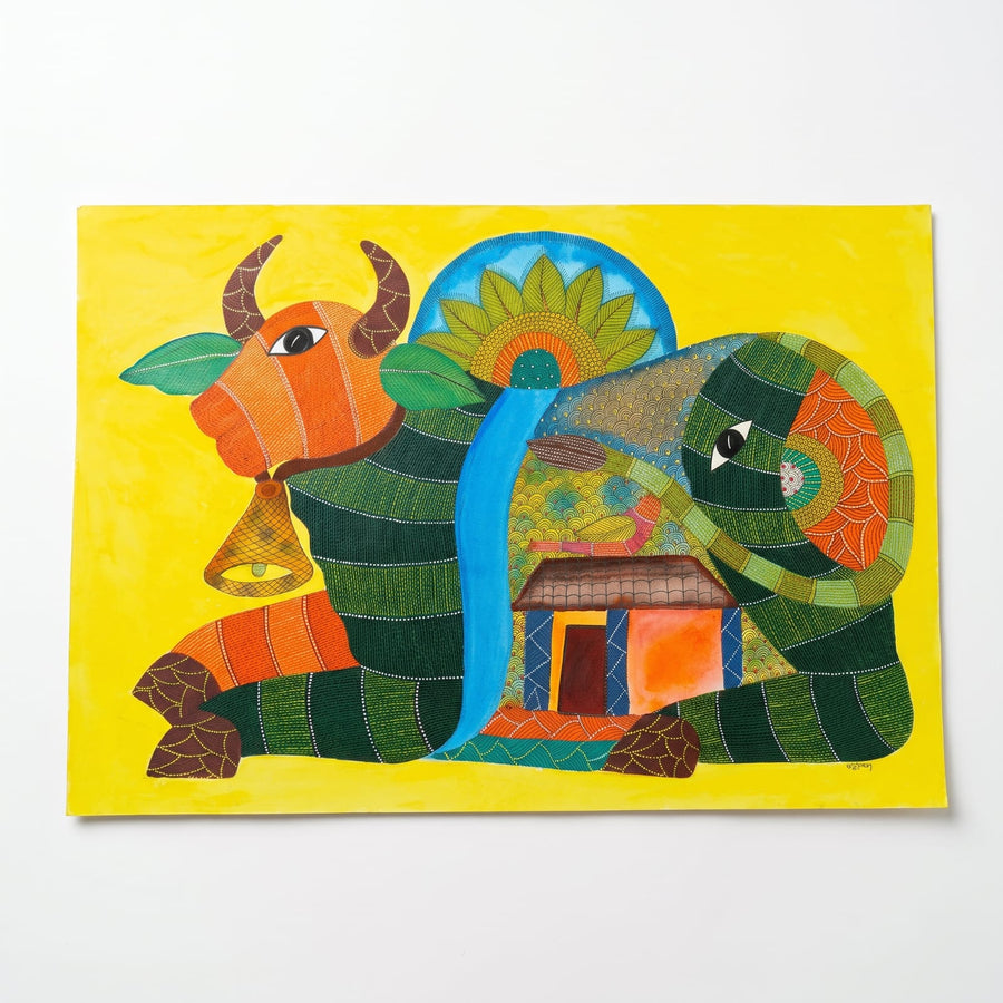 Nandi and Village Life – Gond Paper Painting