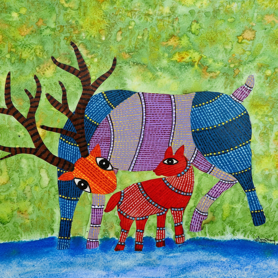 Deer and Fawn – Gond Paper Painting