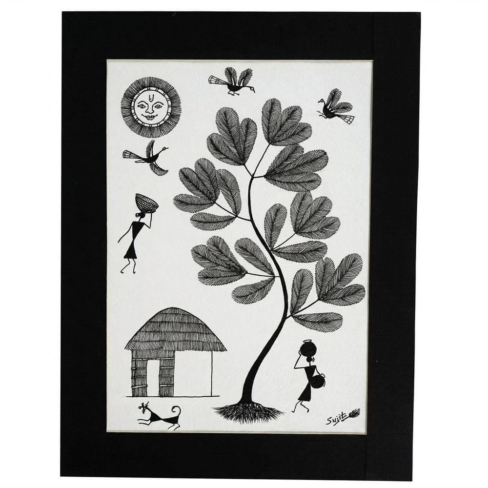 A Peaceful Village Morning - Warli Paper Painting, handmade Warli folk painting from India